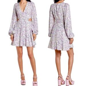 AFRM floral cutout Sean mini dress in lilac ditsy long sleeve v neck dress M